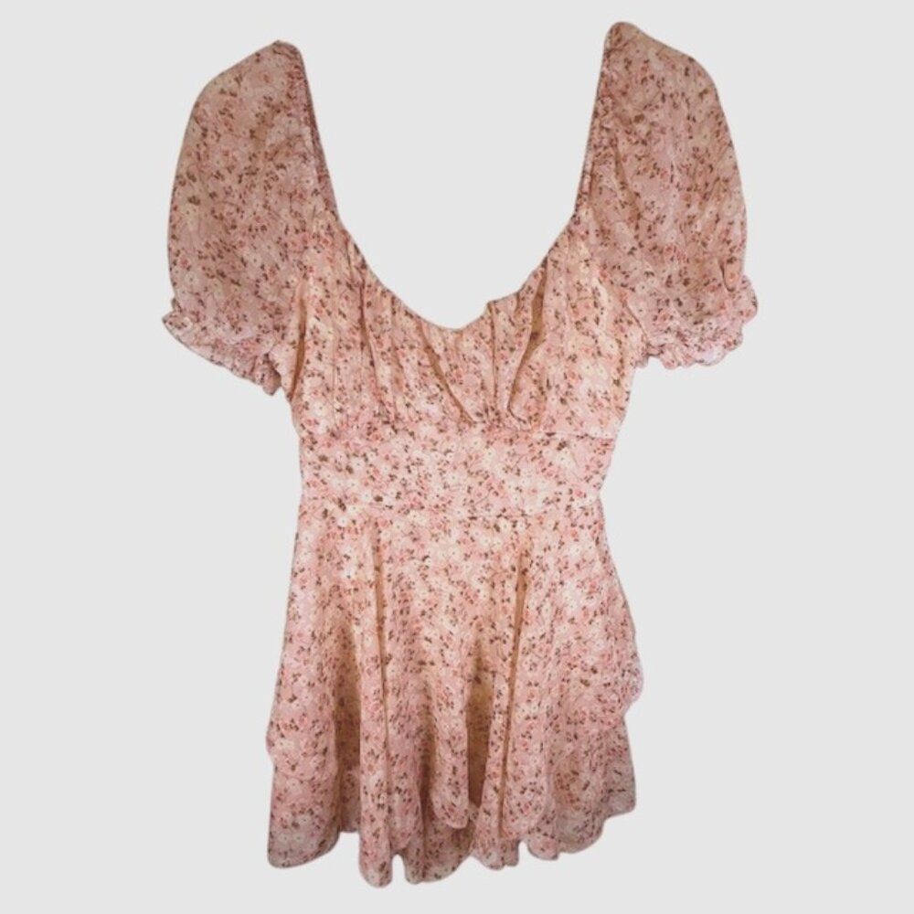 Inspired Hearts Pink Floral Flowy Blouse w/ Elastic Scoop Neckline Size M